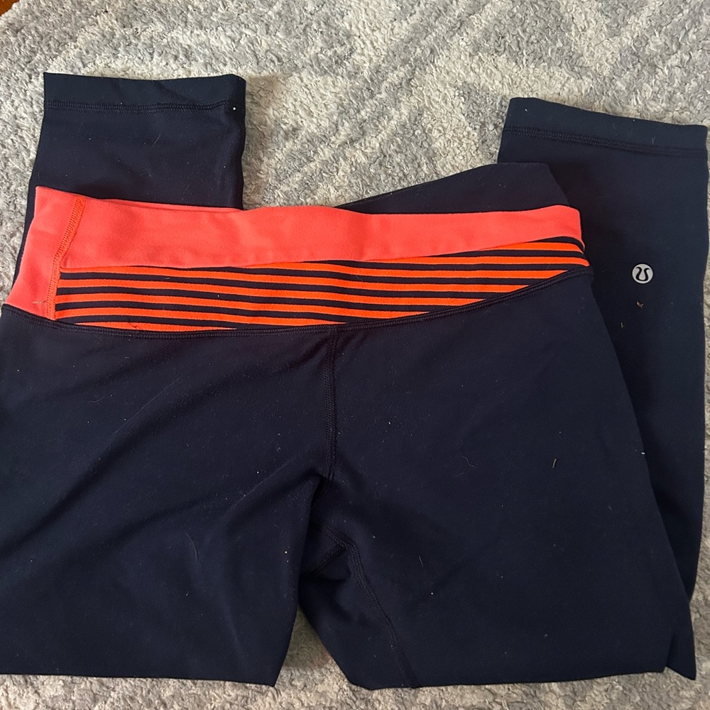 lululemon athletica Navy Leggings with Coral and Orange Striped Waistband
